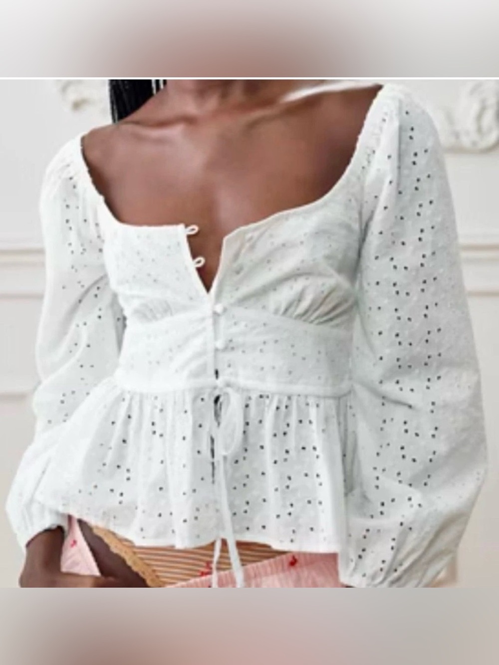 Aerie Women's M White Eyelet Peplum Blouse w Smoked Back and Puff Long Sleeves